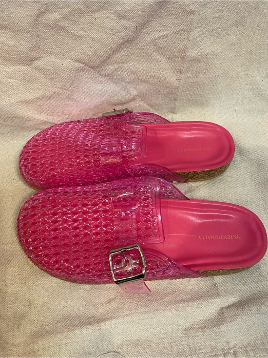 Shoes - Bubblegum Pink Jelly Woven Slide Mules with Buckle